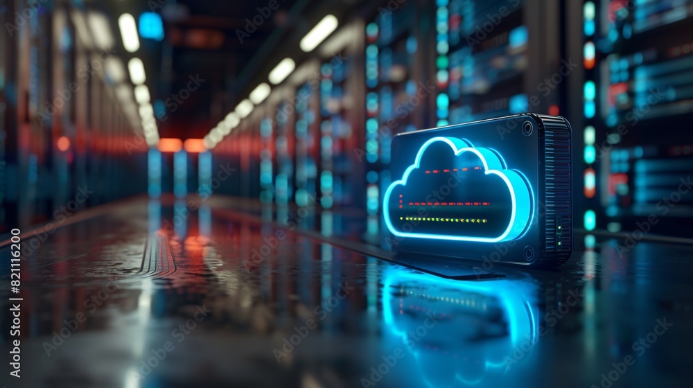 Poster modern data server room with cloud computing technology, illuminated by neon lights in a futuristic 