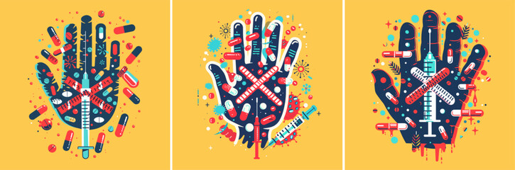 Drug addiction cancelation cartoon vector concepts. Wrist fingers pills syringe handprint cross stop use refusal destructive habits social illustrations