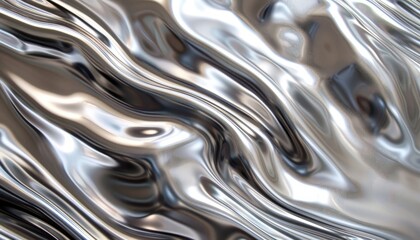 Abstract art of fluid metal waves shimmering in shades of silver, creating a visually captivating metallic texture