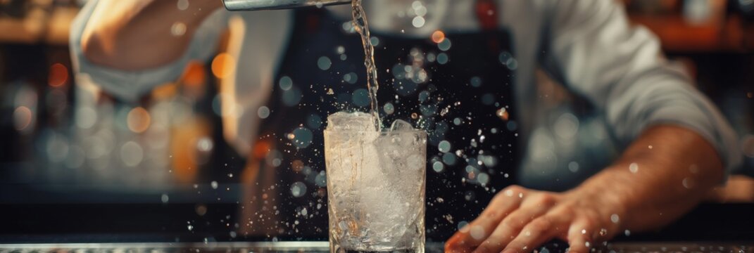 An action shot of a bartender skillfully pouring a refreshing drink, with ice and water droplets captured mid-air, creating a dynamic scene