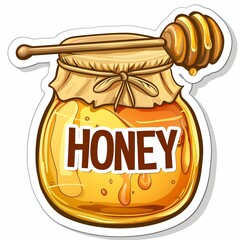 Brightly illustrated cartoon honey jar with a wooden dipper, symbolizing sweet natural food