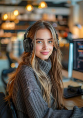 young woman working as a telephone operator in a company, sweet and smiling. 