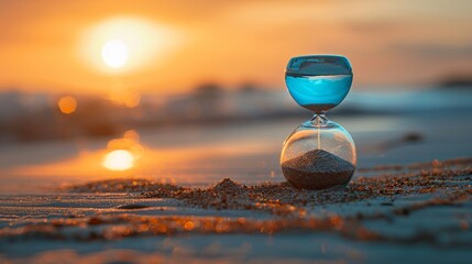 Beach Sandglass: A tranquil hourglass resting on sandy shores, illuminated by the soft hues of a setting sun, casting a serene atmosphere