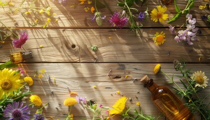 Essential oils displayed with various fresh herbs and flowers on a wooden background, highlighting the natural ingredients and their benefits, with banner space for text