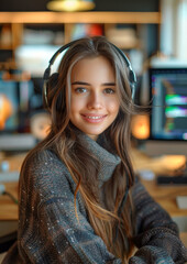 young woman working as a telephone operator in a company, sweet and smiling. 