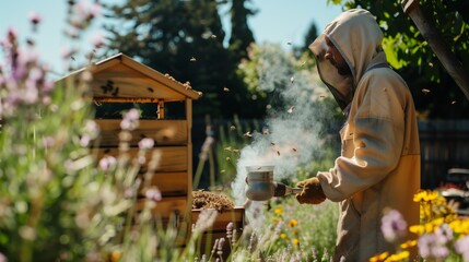 A beekeeper smothers bees using a smoker, tending to beehives in a garden bathed in sunlight