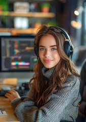 young woman working as a telephone operator in a company, sweet and smiling. 