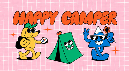 Set of Funny Camper Characters. Vector Camp Travel Sticker. Vintage Illustration of Doodle Dog with Compass, Cartoon Mountain with Sunglasses and Cute Smiling Tent. Summer Adventure of Retro Character