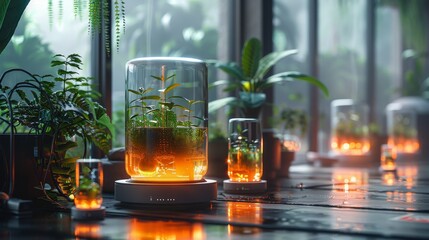 Futuristic Workspace with USB Tea Warmers, Holographic Displays, and Advanced Tech Gadgets in Digital Art Style