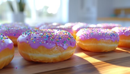 Colorful glazed doughnuts with sprinkles displayed for a celebration, adding a fun and festive touch to any party