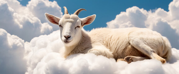 A majestic white goat serenely rests on a fluffy cloud, gazing directly at the viewer with a gentle expression. The blue sky and fluffy white clouds create a peaceful, dreamlike atmosphere