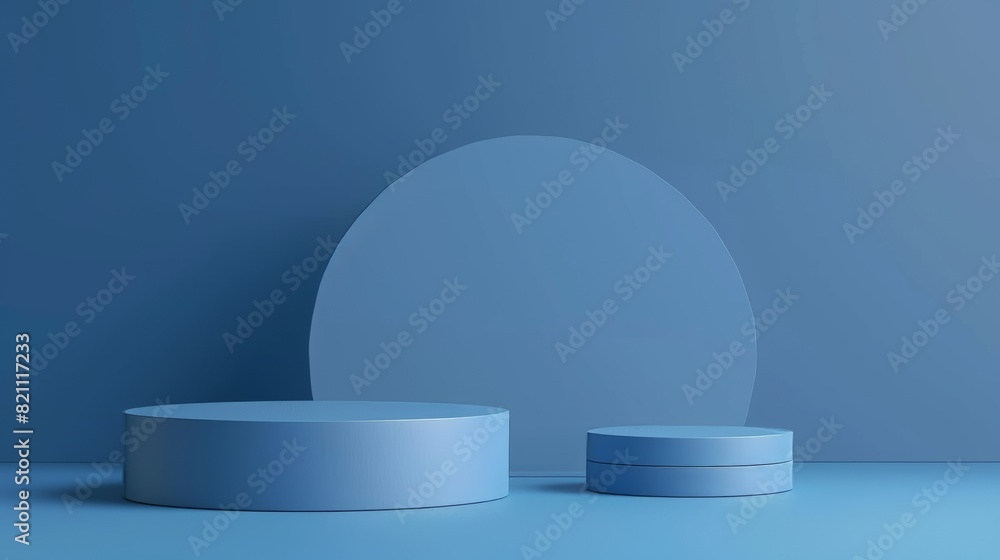 Poster using a blue background to present products on a petrol blue podium. this is a rendering of a 3d pro