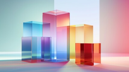 A 3D render with an abstract geometric background and transparent glass with a colorful gradient, surrounded by simple square shapes