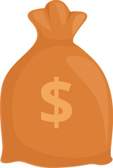 Vector illustration of a money bag icon in orange color on a white background with dollar sign, representing finance, currency, savings, investment, and wealth
