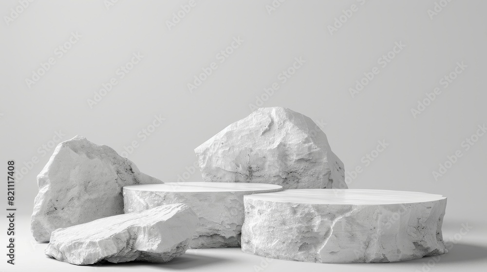 Poster Stone slabs arranged on a podium for displaying products. Ideal for exhibition display or product presentation. 3D render.