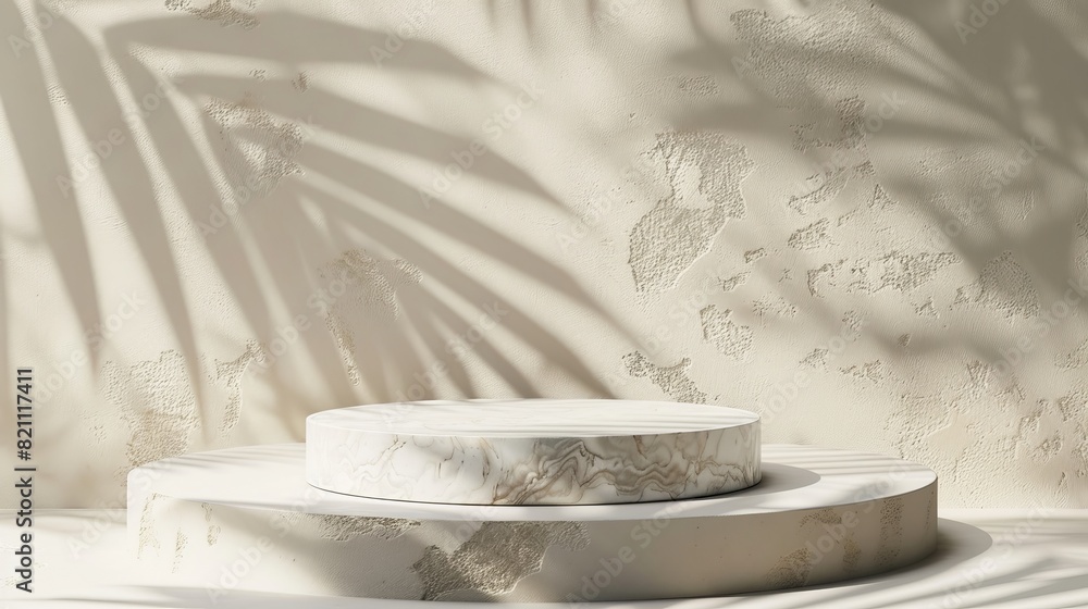 Poster the background features a stone slab platform with leaf shadows on a beige concrete backdrop with wh