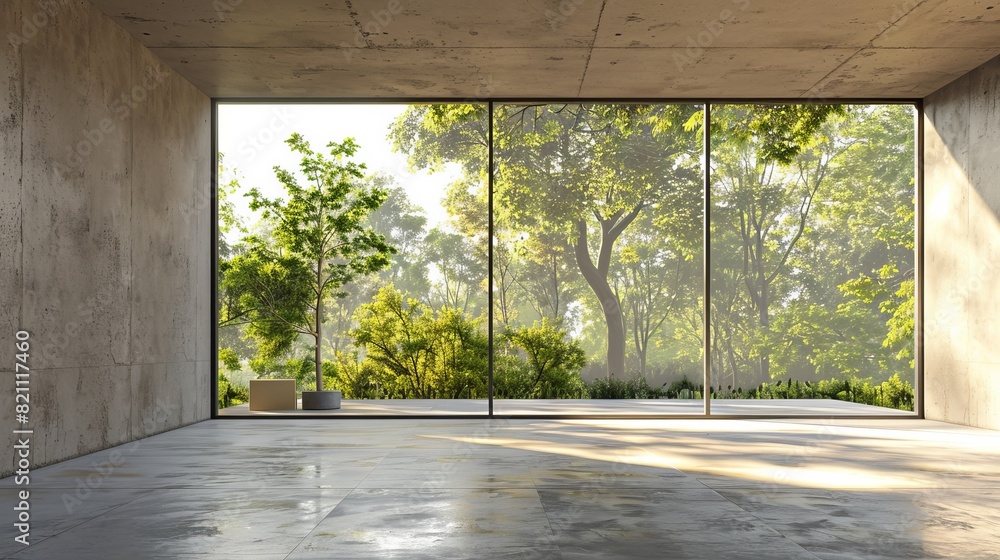 Poster 3d render of empty concrete room with large window on nature background.