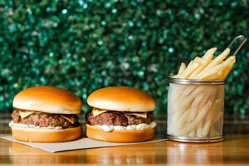 Combo de hamburguer artesanal delicioso com fritas em fundo verde