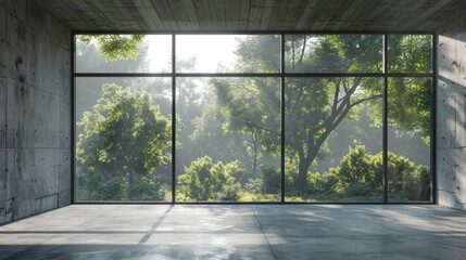 A rendering of an empty concrete room with large windows against a background of nature.