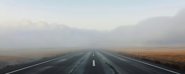 A deserted highway stretching into fog, perspective focused, desolate, muted earth tones, digital 3D