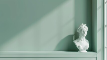 Fototapeta premium Women sculpture on white window on green wall background. Minimal concept, 3D rendering.