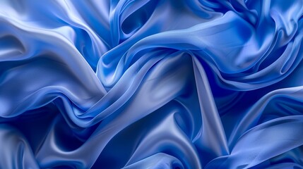 Obraz premium An abstract fashion background with wavy blue ribbons and folded cloth macro in 3D