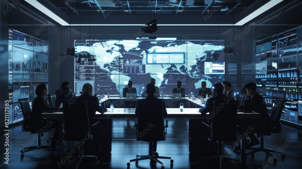 Poster team of government agents in a monitoring room with computers and animated screens having meetings o