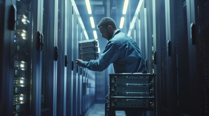 The IT engineer is working in a data center and is putting hard drives into an open rack cabinet.
