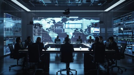 Fototapeta premium Team of Government Agents in a Monitoring Room with Computers and Animated Screens Having Meetings on Touchscreen Interactive Tables.
