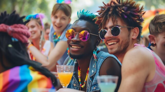 A diverse group of LGBTQ people at a pride picnic