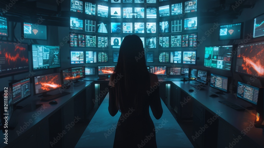 Poster this animated screen shows a government agent tracking a fugitive with her computer in a room full o