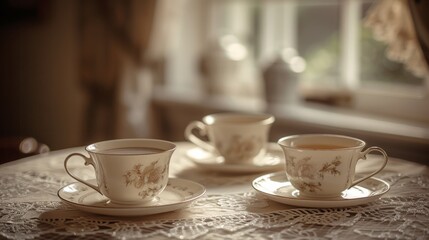 Vintage Tea Party Elegance: Ceramic Tea Warmers, Porcelain Cups, Lace Tablecloth in Sepia Tone Nostalgia