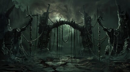 A hellish prison with chained souls and demonic guards, dark fantasy, muted colors, digital art, illustrating eternal punishment