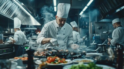 The chef works in a big restaurant kitchen with his apprentices. They are surrounded by food, vegetables, and boiling dishes.