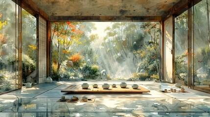 Tranquil Japanese Tea Room with Ceramic Tea Warmers on Tatami Mats - Watercolor Style