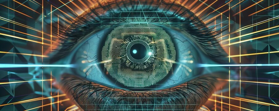 A human eye scanning a screen filled with proof of work hashes, front view, highlighting vigilance, scifi tone, Triadic Color Scheme