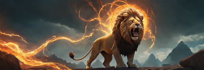 A majestic lion with a fiery mane and tail stands on a rocky outcrop, roaring fiercely against a backdrop of dramatic mountains and a stormy sky