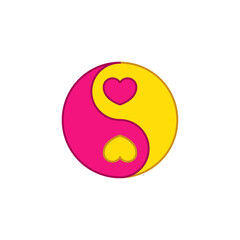 Yin Yang symbol with two hearts inside. Yellow and pink colors. Vector illustration on a white background.