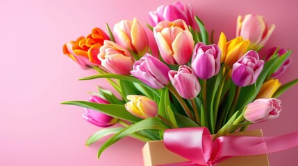 Obraz premium Mother's Day celebration with a pink background, featuring a gift box adorned with a ribbon bow and a bouquet of tulips.