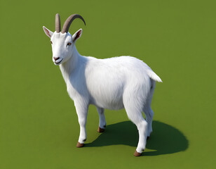 A 3D rendering of a white goat with long horns standing against a green background