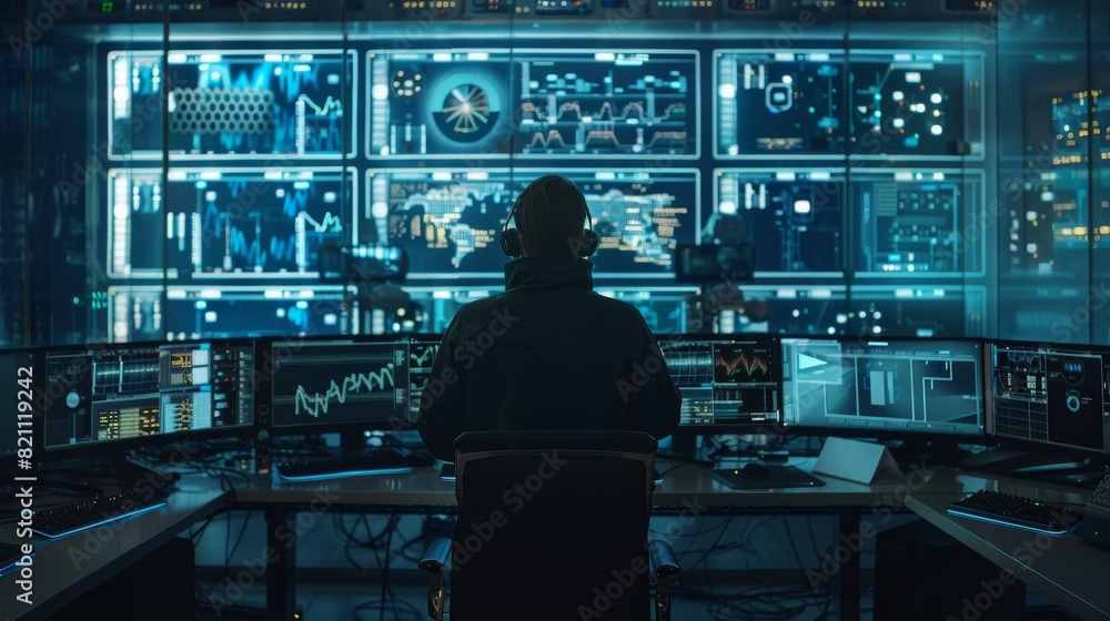 Poster it technicians work on artificial intelligence and big data mining projects with multiple displays. 