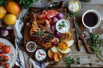 Top-Down View of a Well-Presented Grilled Chicken Recipe with Fresh Ingredients and Utensils on a Kitchen Table