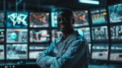 Fototapeta premium IT technician crosses his arms and smiles, surrounded by displays that show graphics in the system control room.