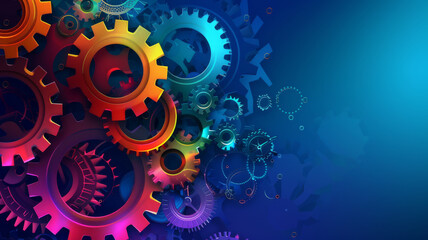 Abstract techno gear background with geometric colorful gear wheels. Space for gear text. Vector gears modern mechanism industrial . Technology gears