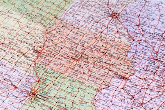 Des Moines, United States - May 20, 2024: Detailed Iowa road map. Closeup macro view of State of Iowa map