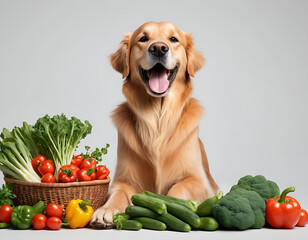 A happy Golden Retriever dog poses beside a colorful assortment of fresh vegetables, including tomatoes, cucumbers, and bell peppers, on a clean gray background