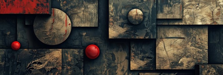 A detailed view of a painting displaying circles and squares hung on a wall. Grunge dark background. High quality photo