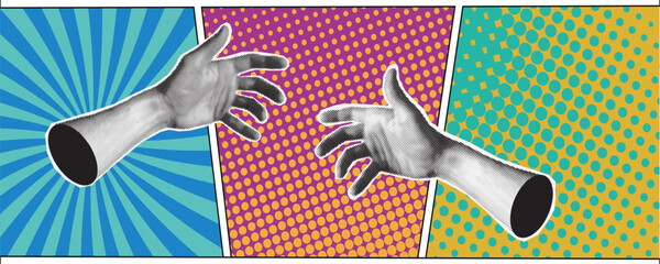 Retro hands. Pop art graphic. Comic sticker. Doodle signs collage. Grunge thumb. Abstract halftone newspaper effect. Cut out paper elements. Vector retro modern illustration with dots in pop art style