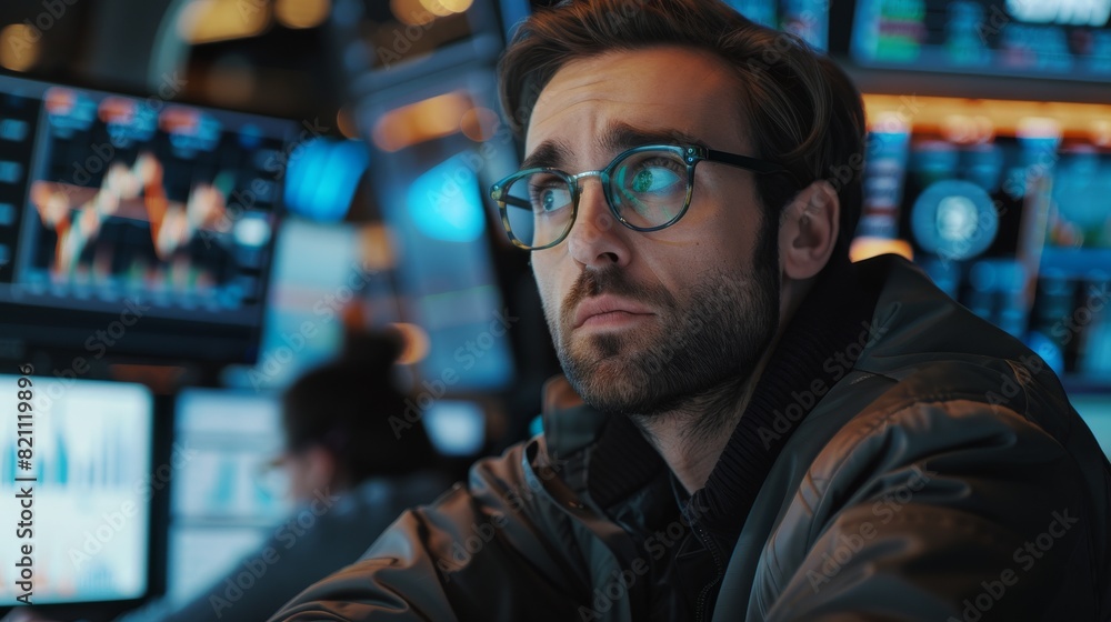 Poster an experienced stock market trader is trying to sell stocks at the best time, while behind him, peop