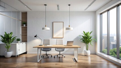 A minimalist interior of a modern office room with a blank frame hanging on a clean white wall